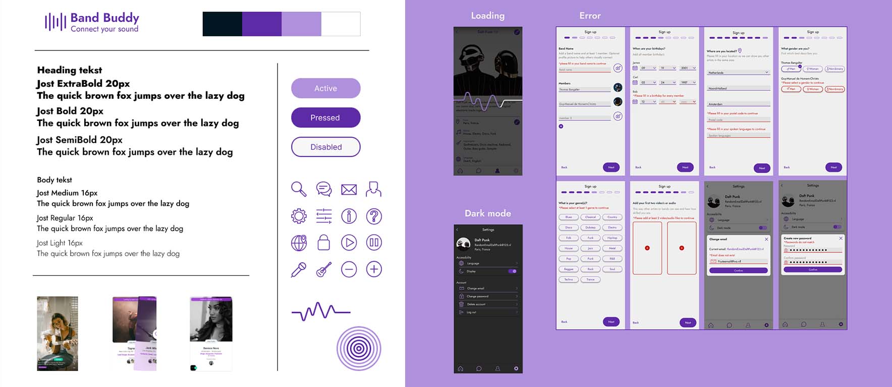 Styleboard and different states of the page: loading, dark mode and error