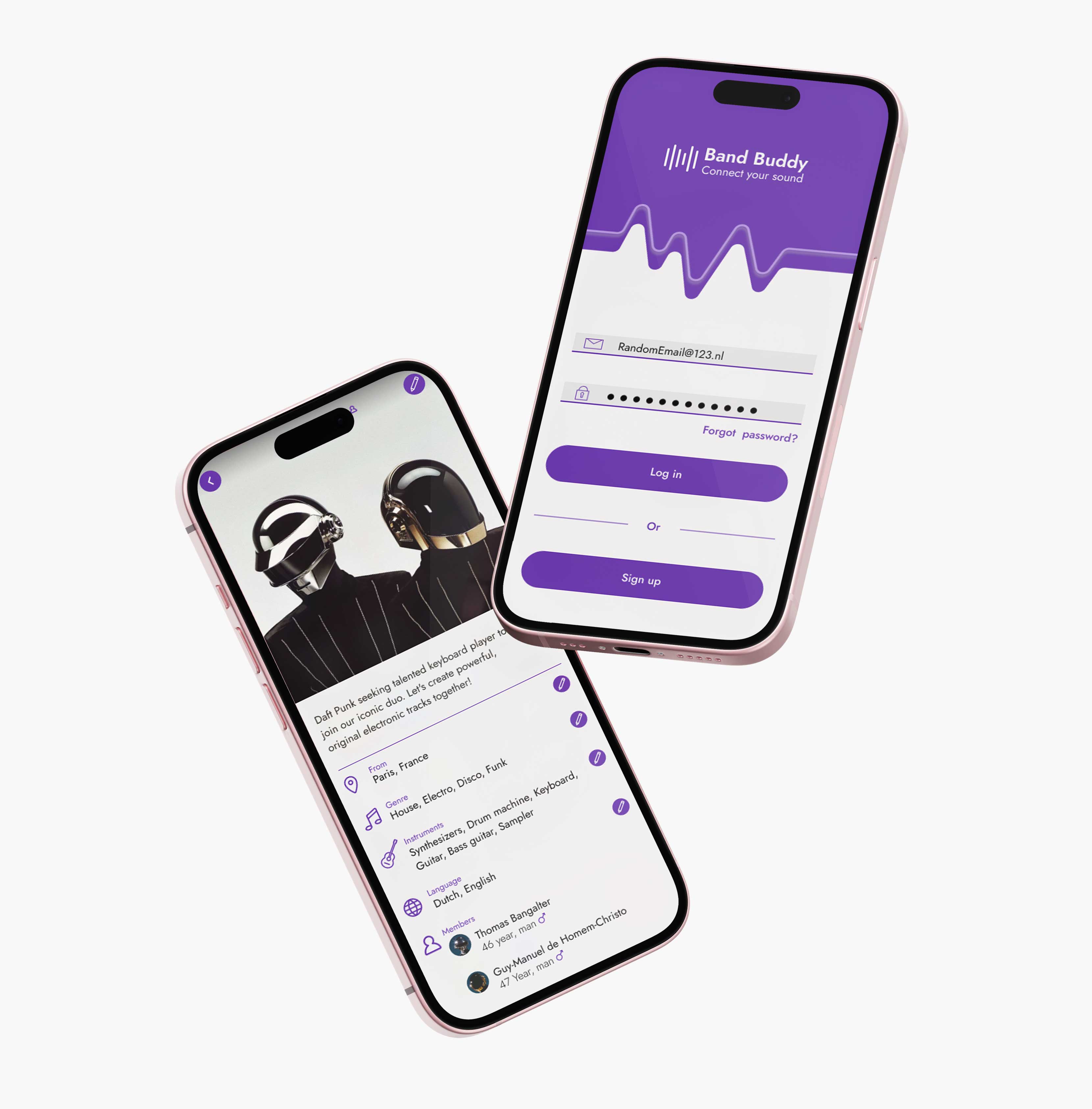 Log in screen and Account of the Musician matching app BandBuddy