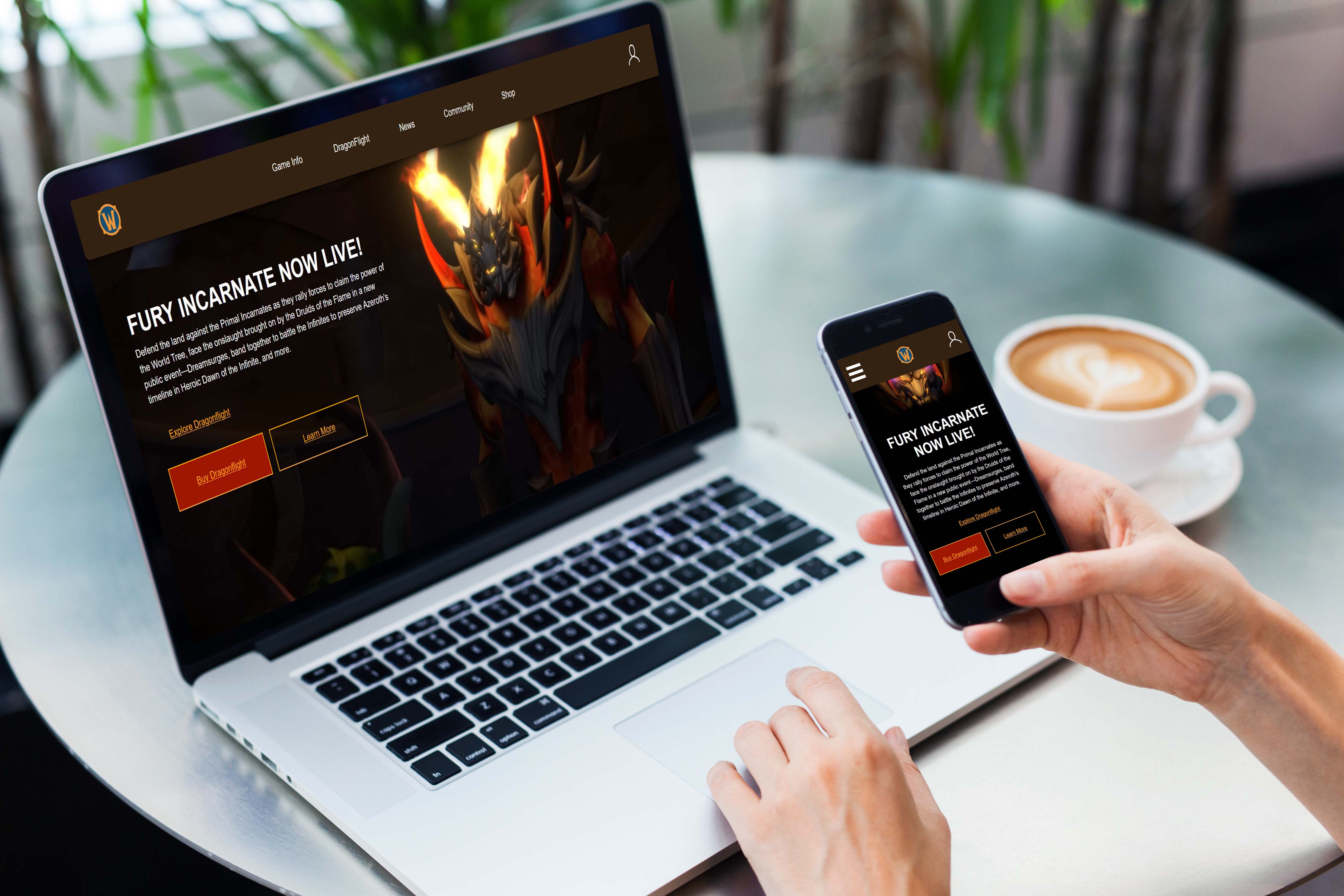 Home screen of the World of Warcraft replica website displayed on a computer and mobile