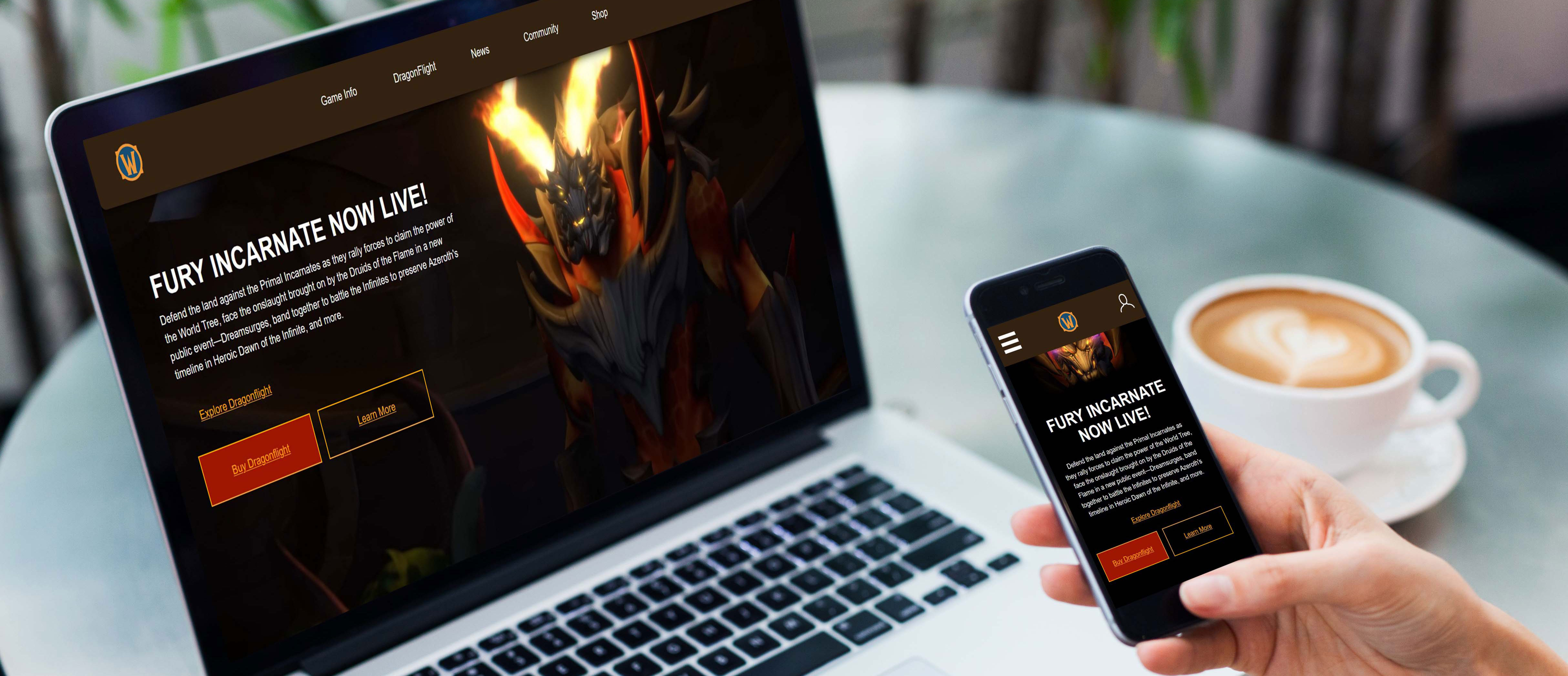 Overlay replica website Mock-up of World of Warcraft on computer and mobile