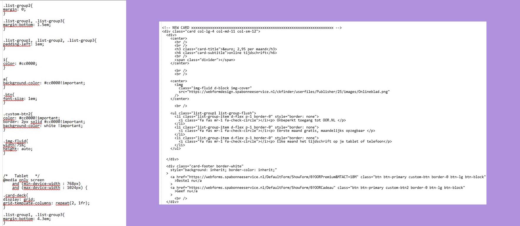 Bootstrap and css of the subscription page