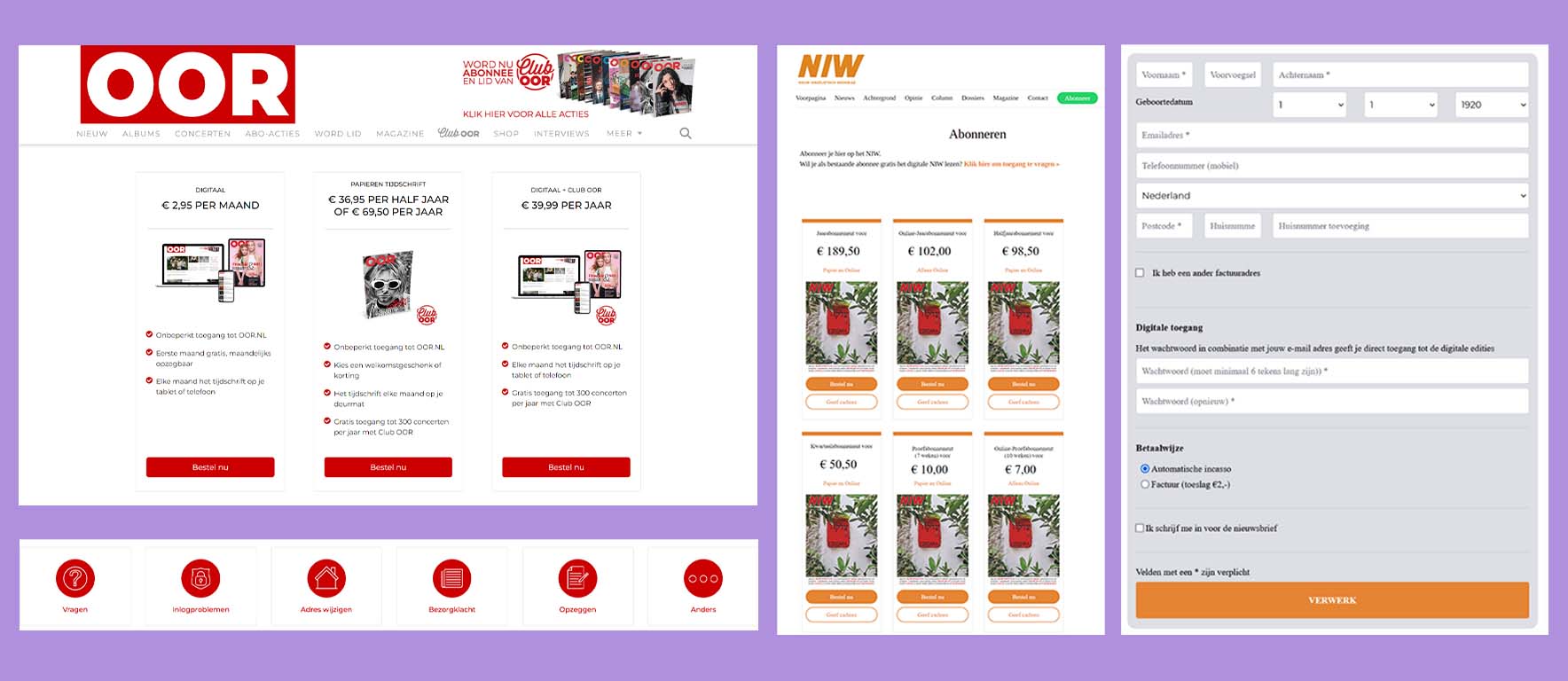 Results of OOR and NIW subscription page, contact page and form